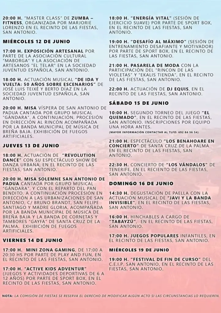 Programa completo de las Fiestas de San Antonio de Padua en Breña Baja 2024