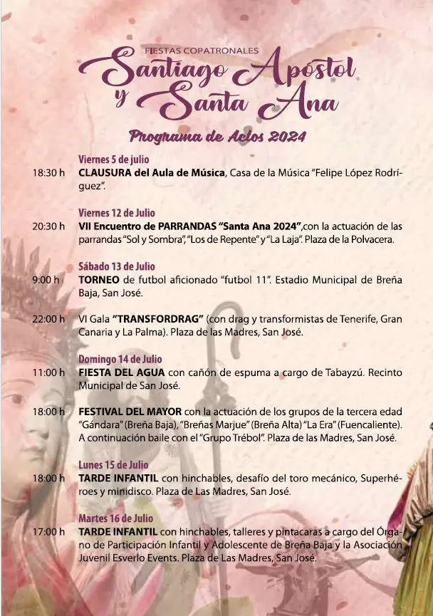 Del 5 al 26 de julio, el Ayuntamiento de Breña Baja llevará a cabo las Fiestas Copatronales en honor a Santiago Apóstol y Santa Ana